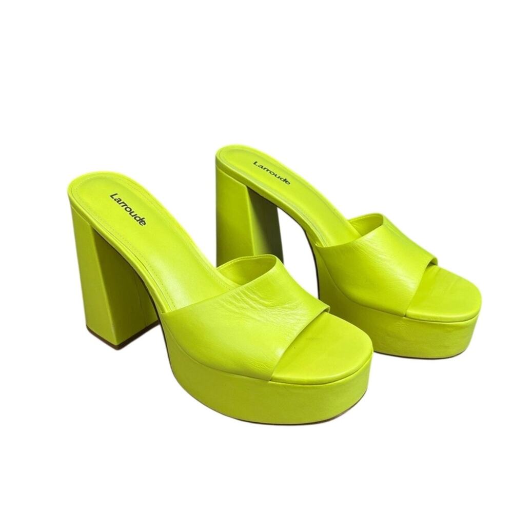 Larroude The Dolly Platform Mule Lemon Yellow Leather Chunky Heels Womens Size 9